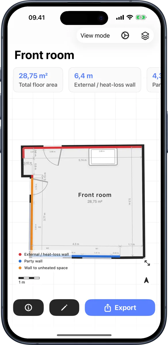 Room Scanner EPC survey mode showing classified heat-loss and party walls on a floor plan