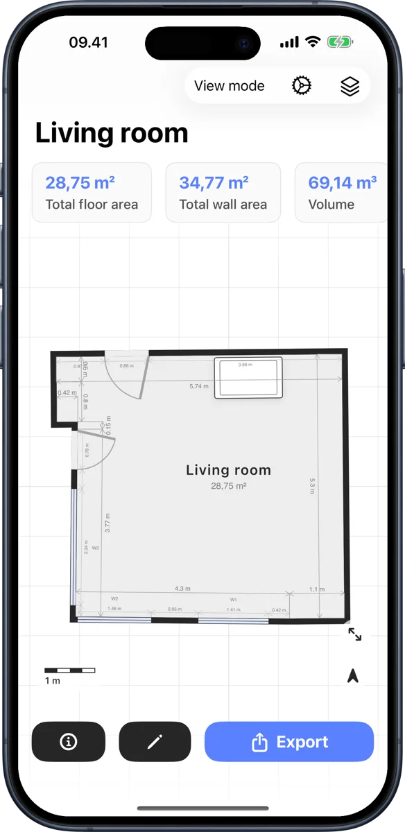 Room Scanner showing a measured floor plan with wall lengths and floor area on iPhone