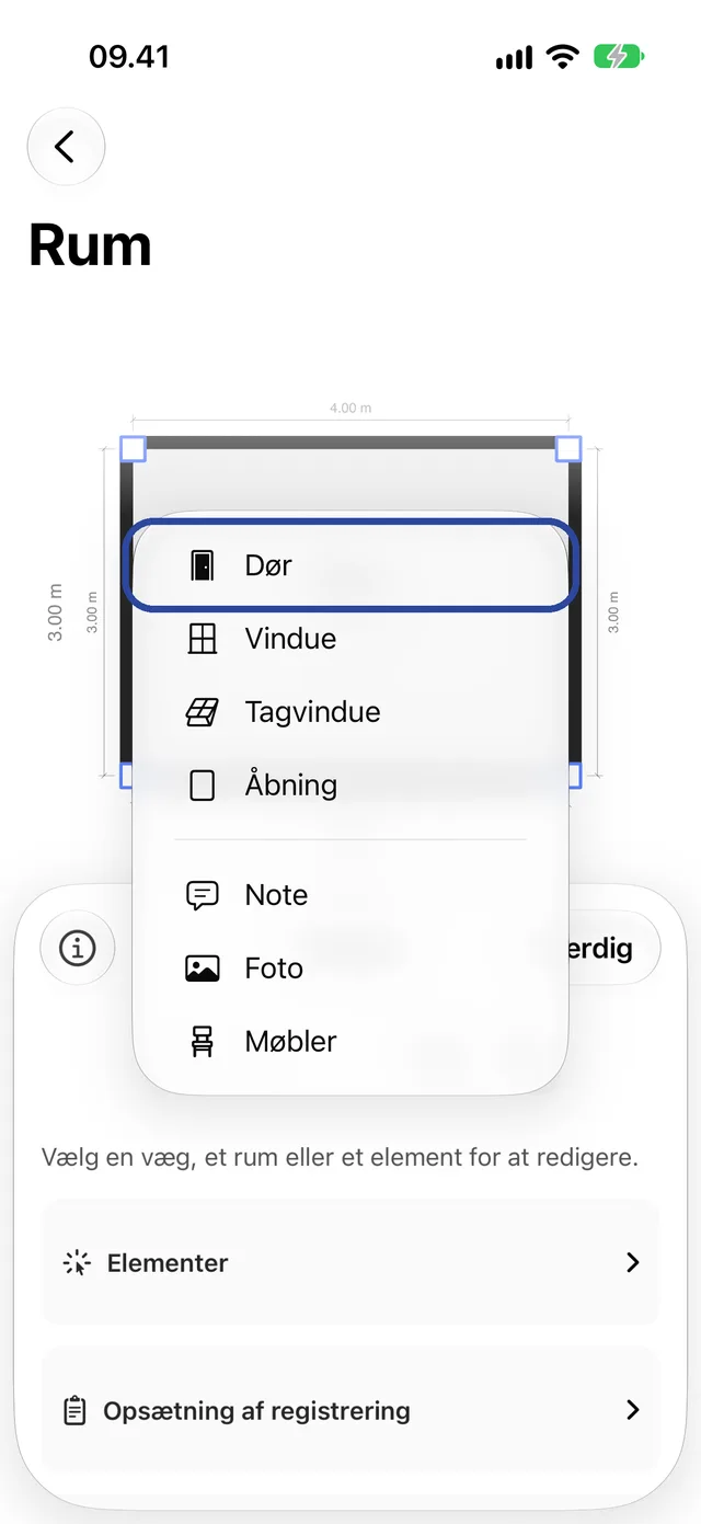 Tilføj-menuen åben med Dør fremhævet.