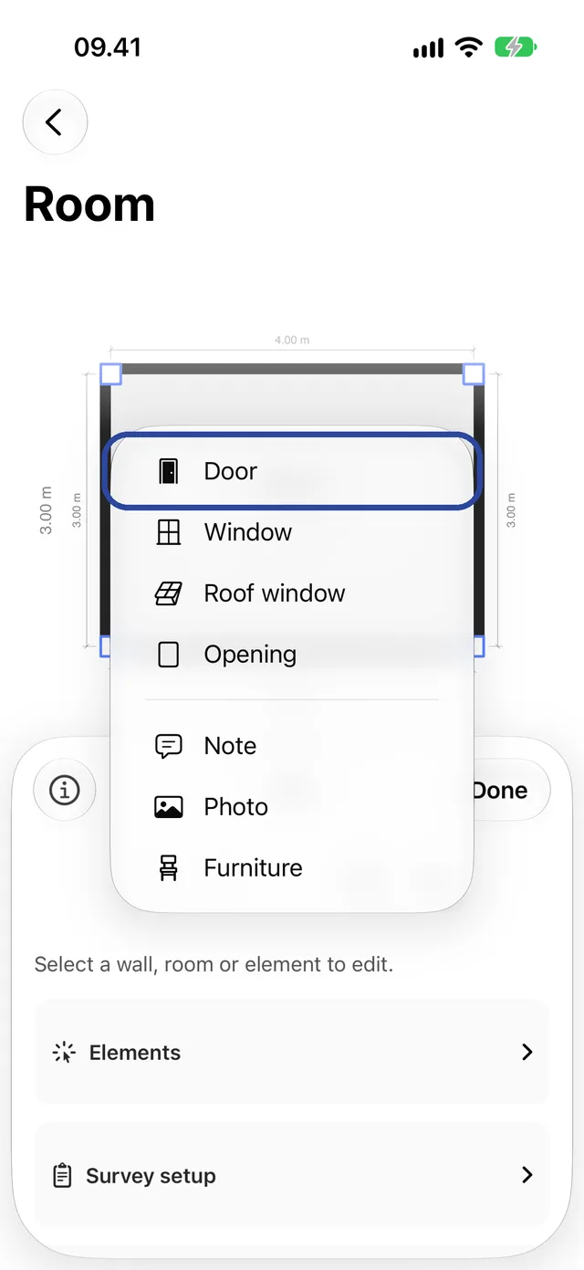 The add menu open with Door highlighted.