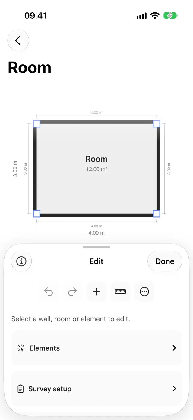 The editor panel with undo, redo, add, measure and more buttons.