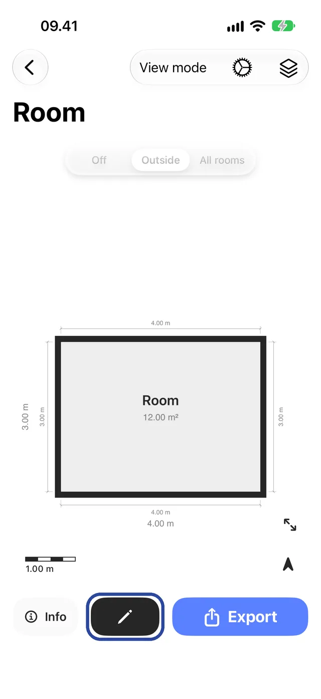 A floor plan with the pencil button highlighted at the bottom.