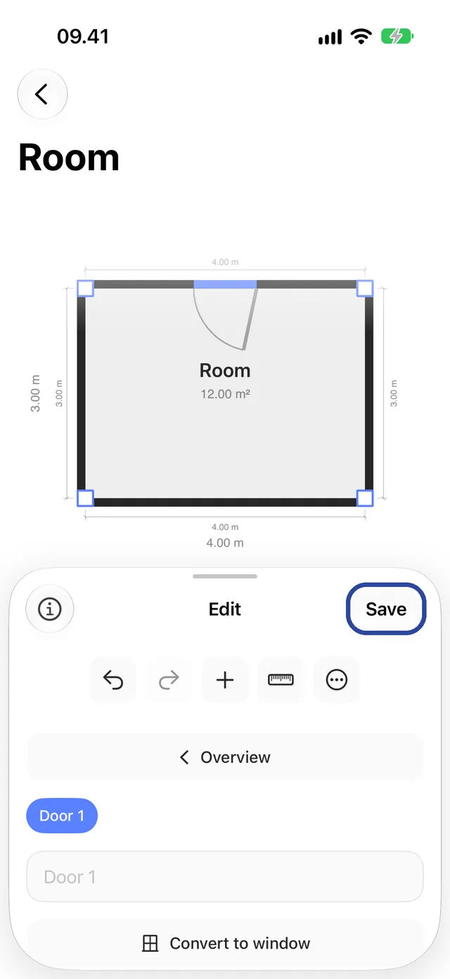 A new door on the plan and the Save button highlighted.