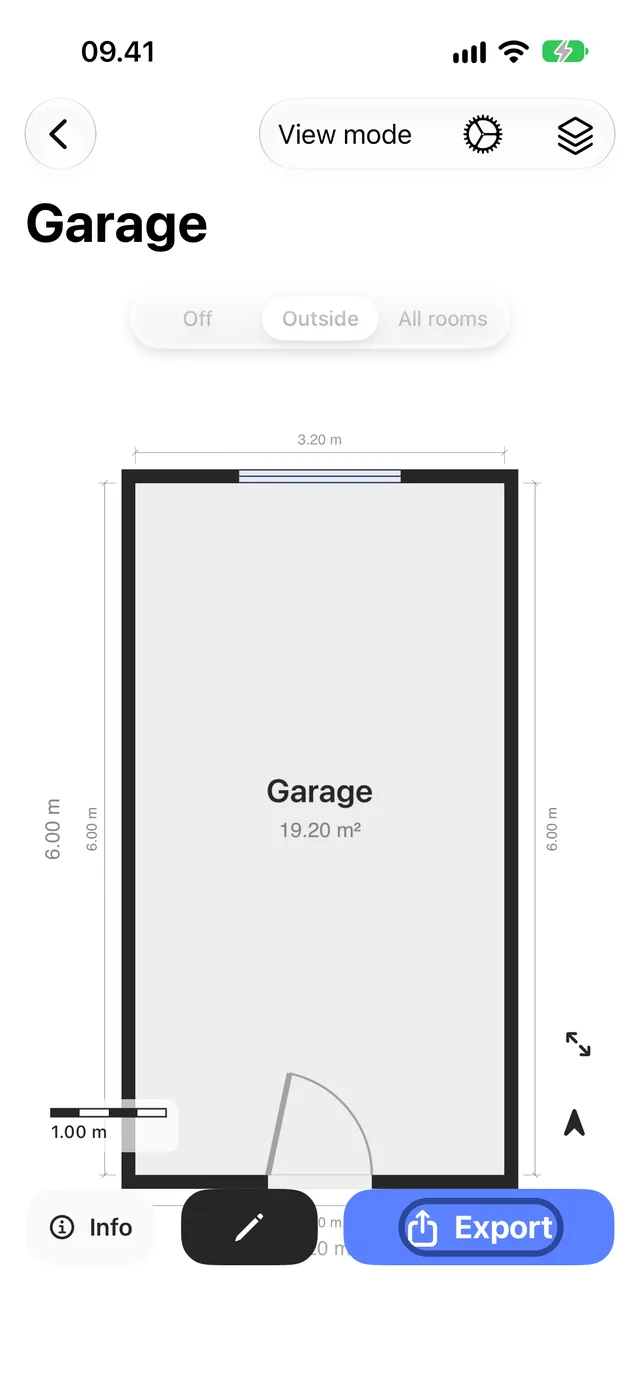 A saved floor plan with Info, edit and Export at the bottom.