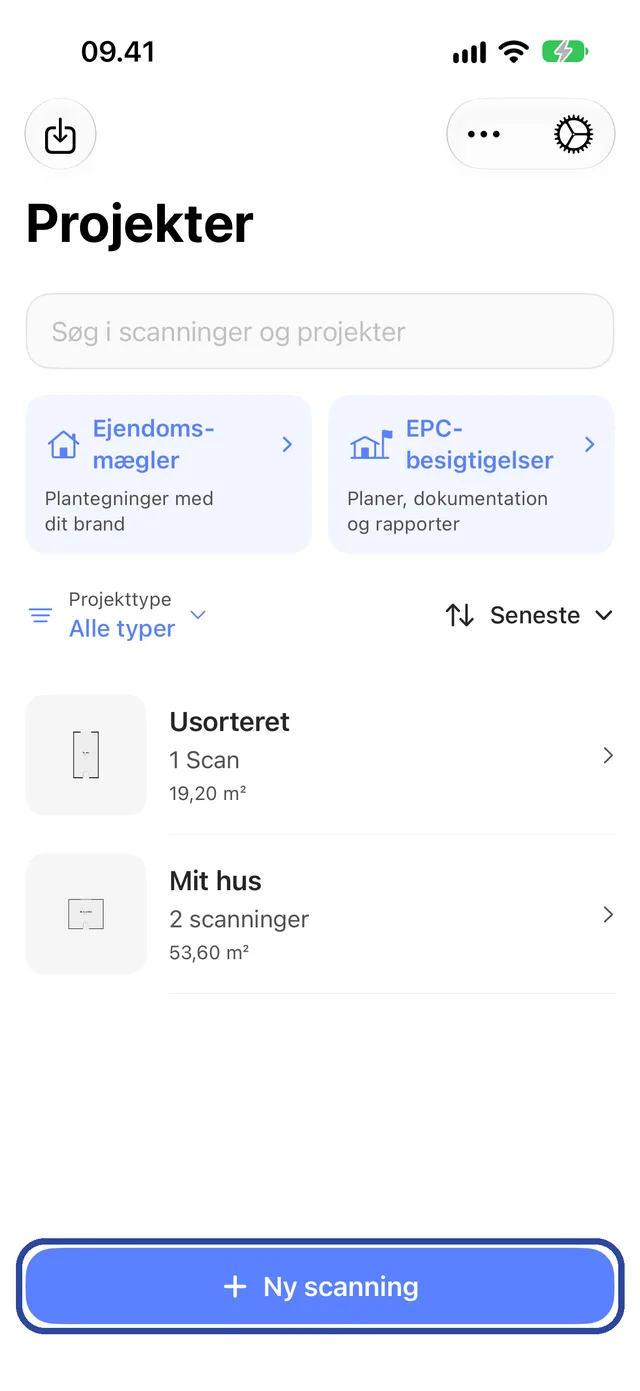 Skærmen Projekter med knappen Ny scanning fremhævet.