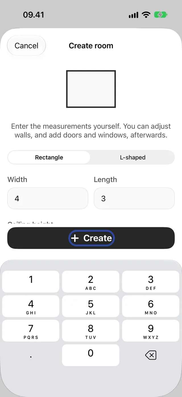 Create room filled in, with the Create button highlighted.