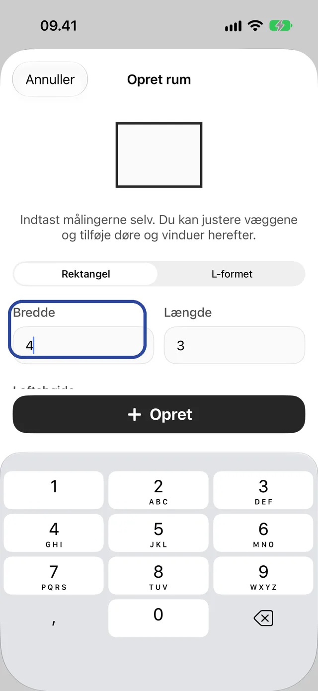 Opret rum med Rektangel valgt og feltet Bredde fremhævet.