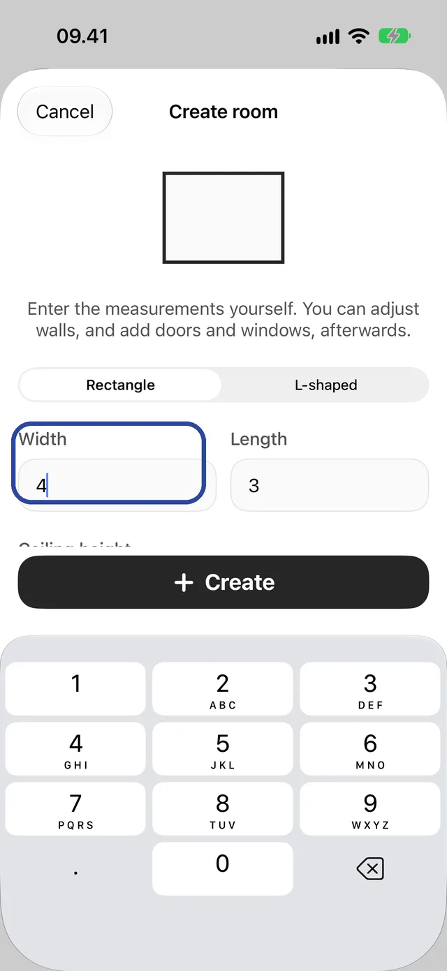 Create room with Rectangle selected and the Width field highlighted.