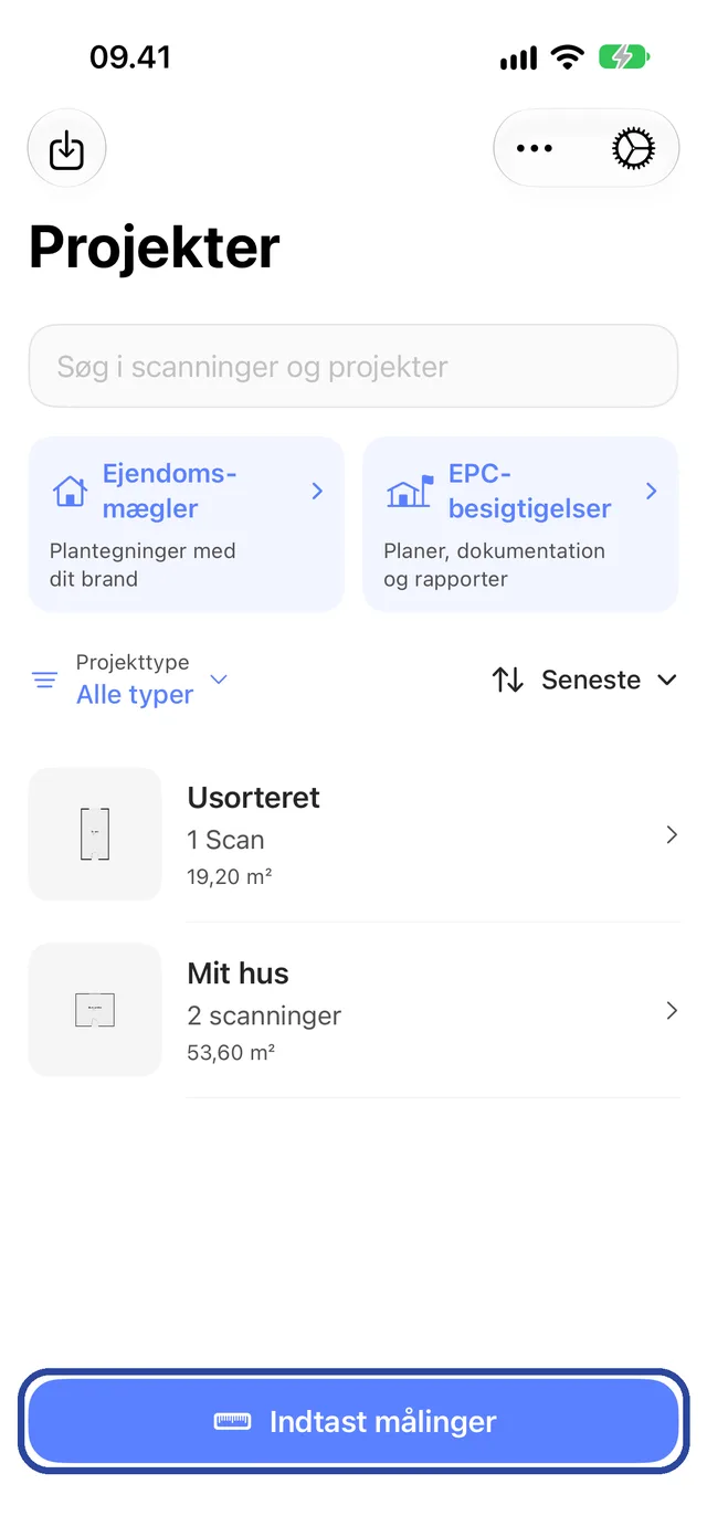 Skærmen Projekter med knappen Indtast målinger nederst.