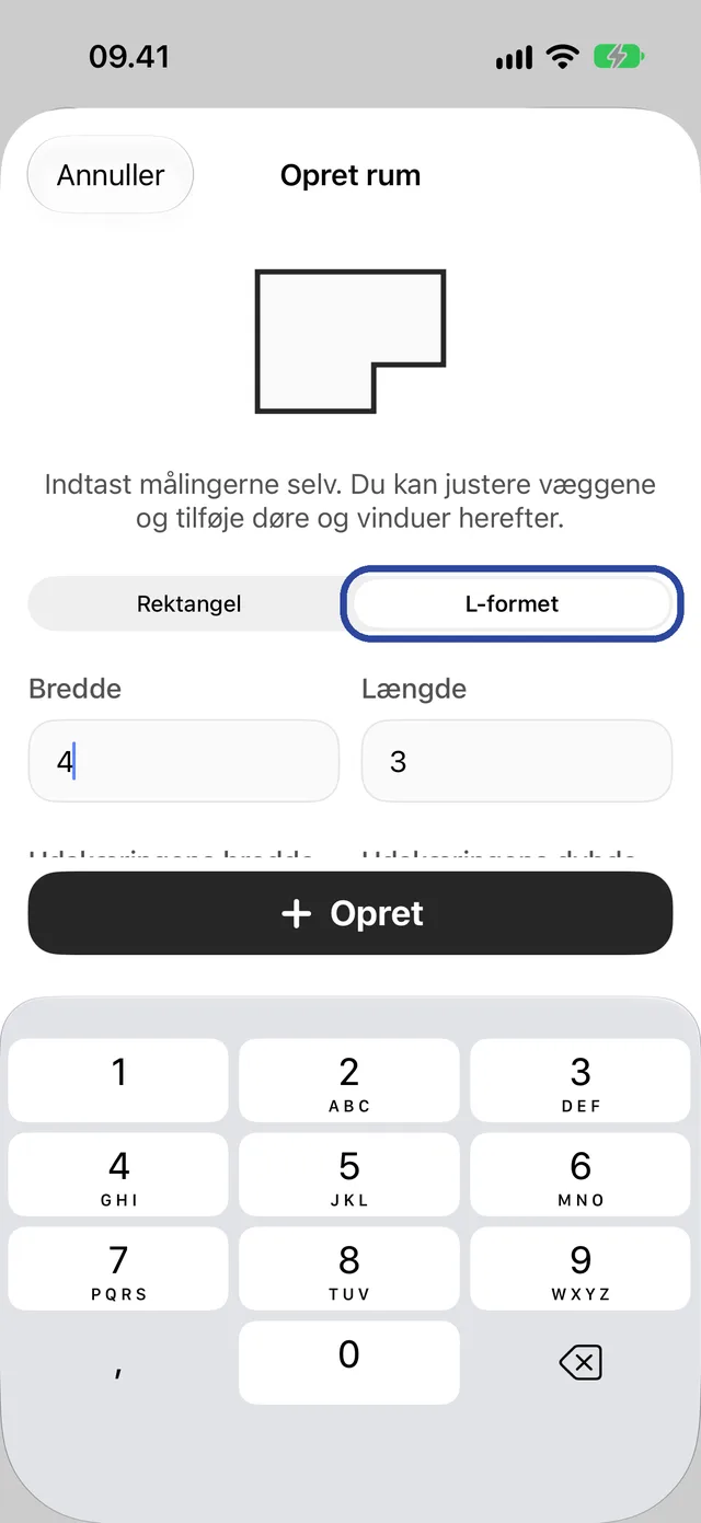 Opret rum med L-formet fremhævet.