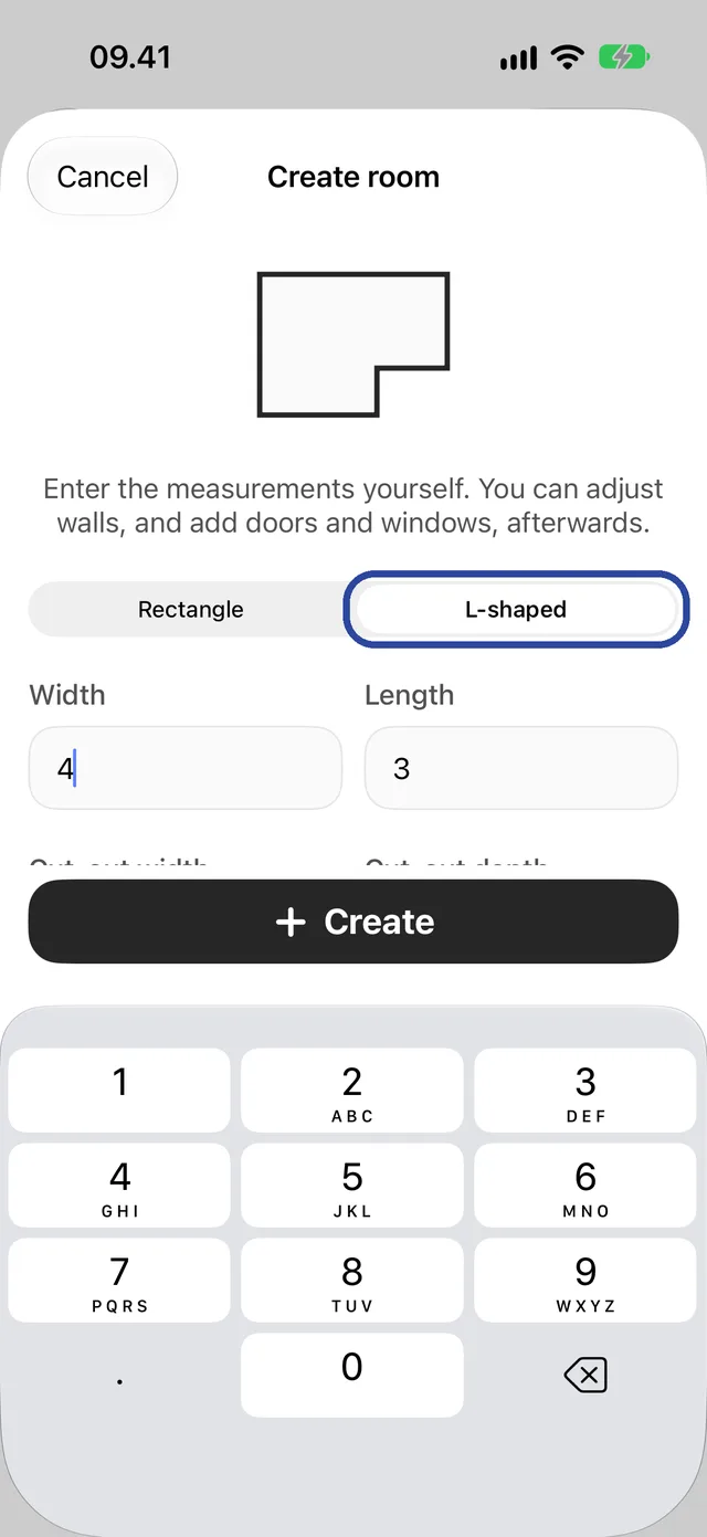 Create room with L-shaped selected and the Cut-out width field highlighted.