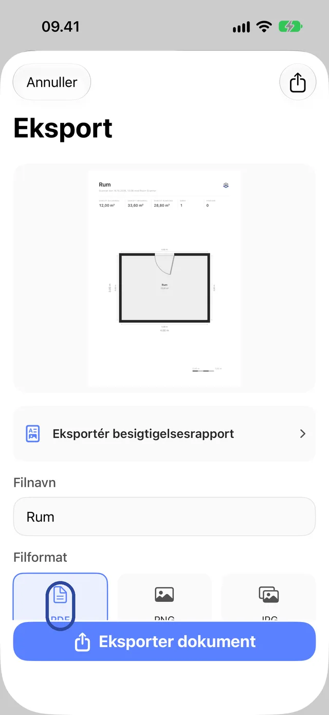 Eksport med formatet PDF fremhævet.
