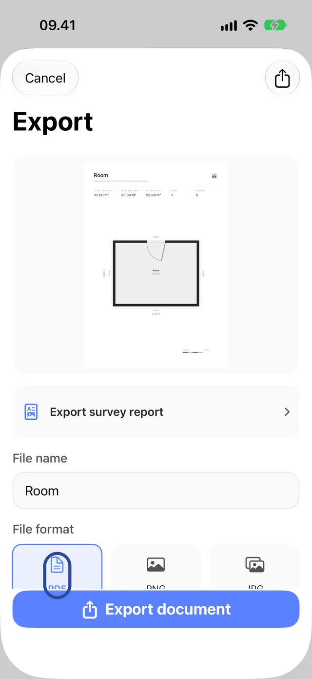 The Export sheet with the PDF format highlighted.